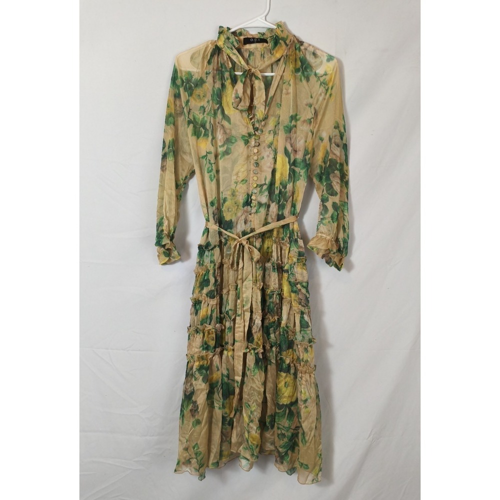 O.P.T. Sheer Yellow Green Floral button up midi dress kitty bow Size M romantic